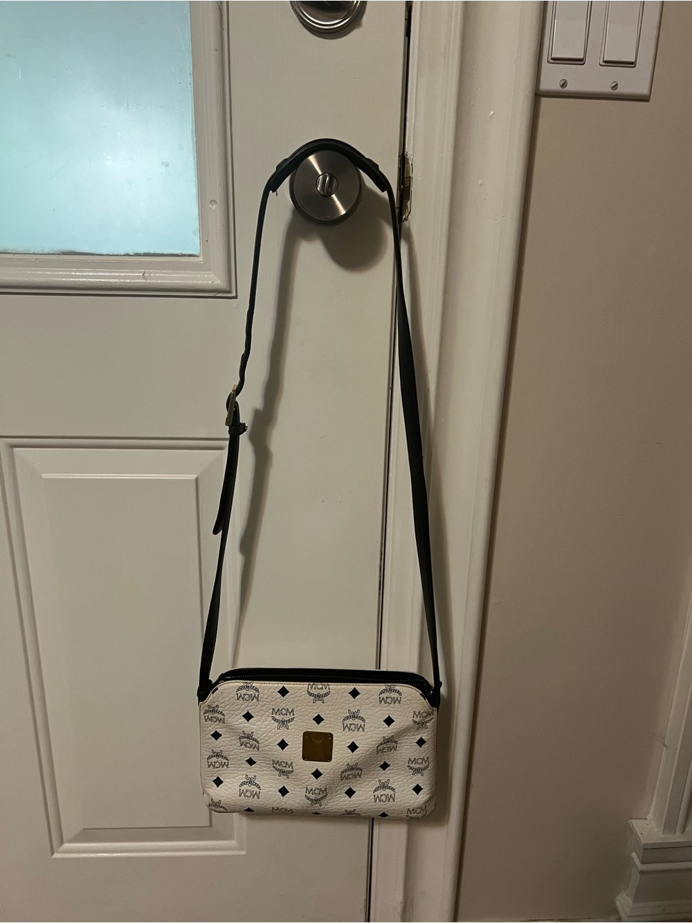 MCM White Logo Crossbody with Black Strap